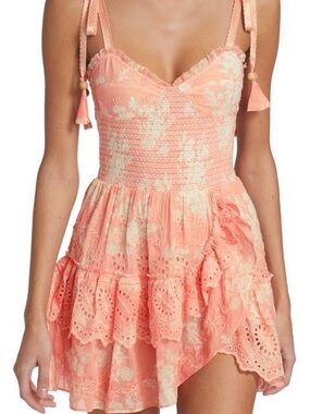 Love Shack Fancy Olani Smocked Ruffled Eyelet Mini Dress- Size XS